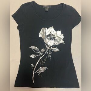 White House Black Market Black Top with Silver Floral Design